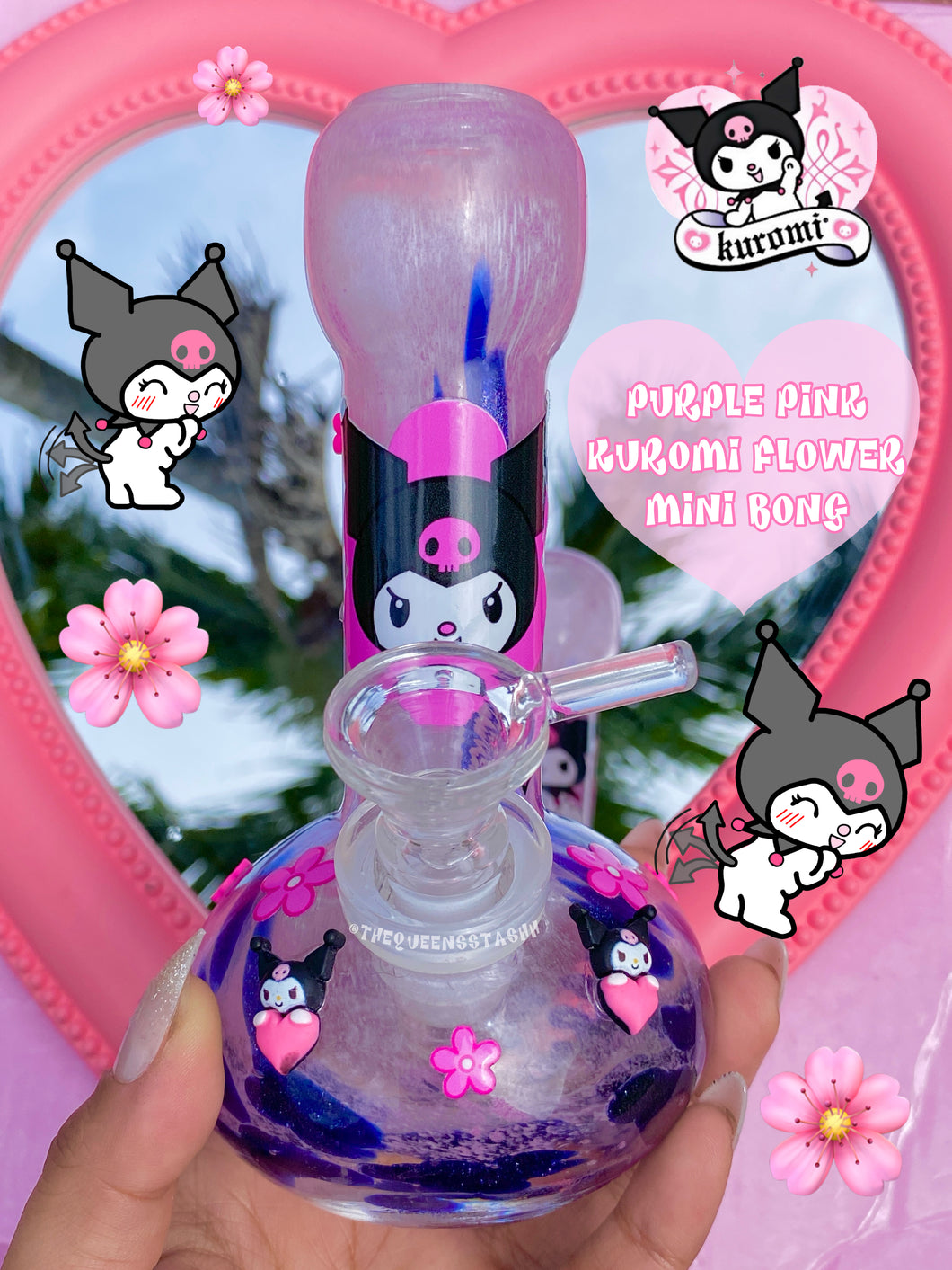 Kuromi pink Blue Glittery iridescent Glass (handmade) Ready to Ship