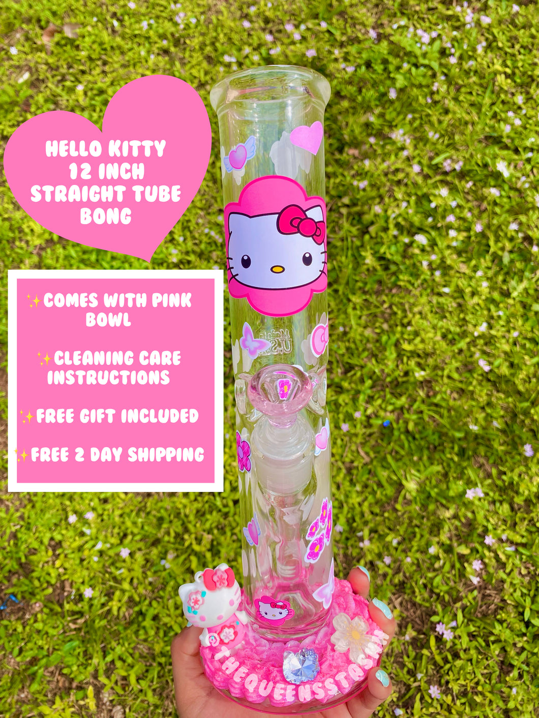 Hello Kitty Pink Vibez Straight Tube Bong 12Inch(handmade) FREE 2 DAY SHIPPING